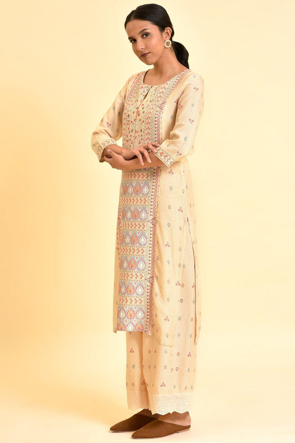 Ecru Printed Panelled Kurta And Parallel Pants Set