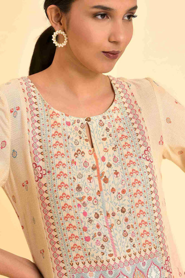 Ecru Printed Panelled Kurta And Parallel Pants Set