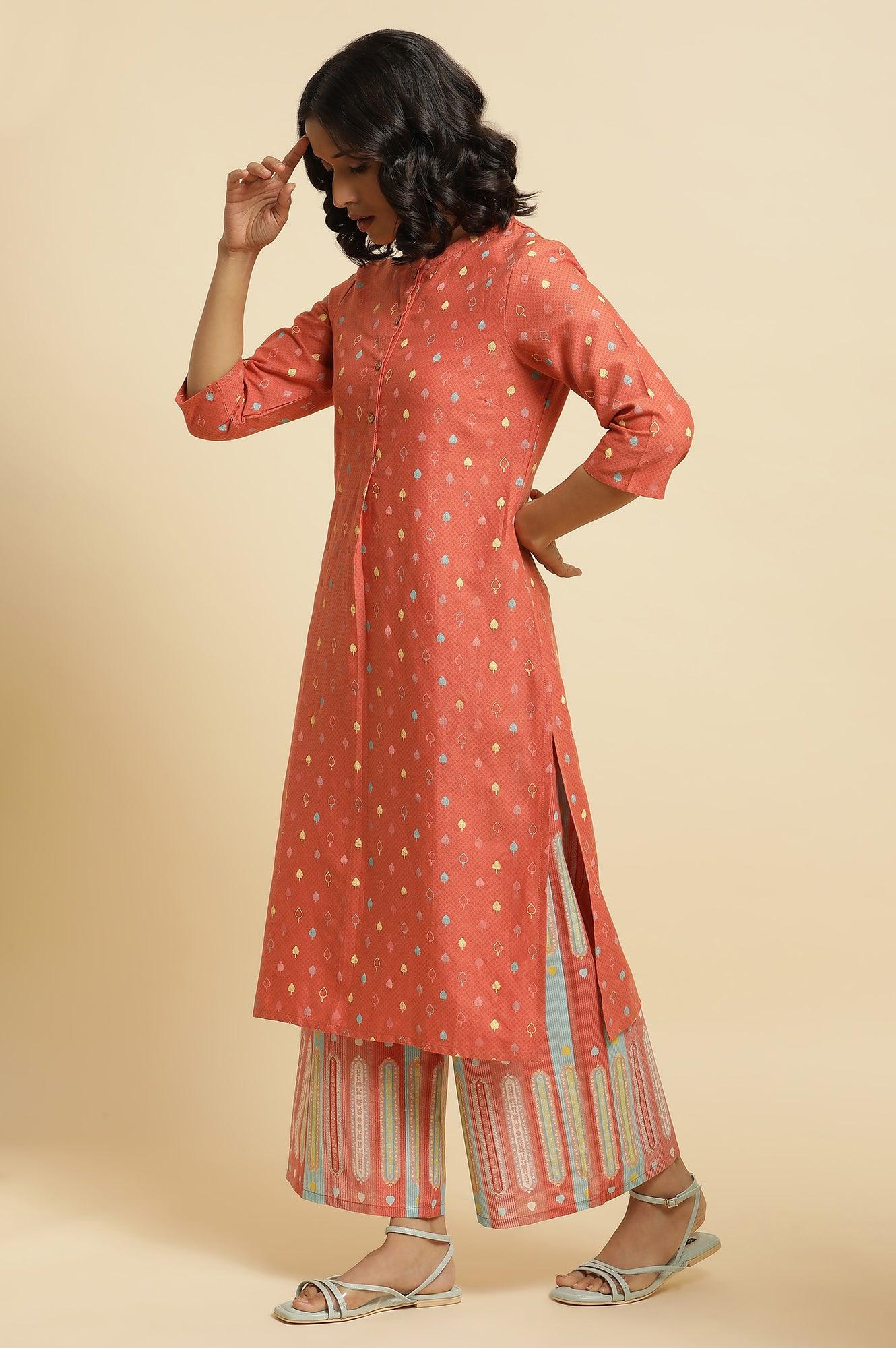 Orange Printed Kurta &amp; Parallel Pants Set - wforwoman
