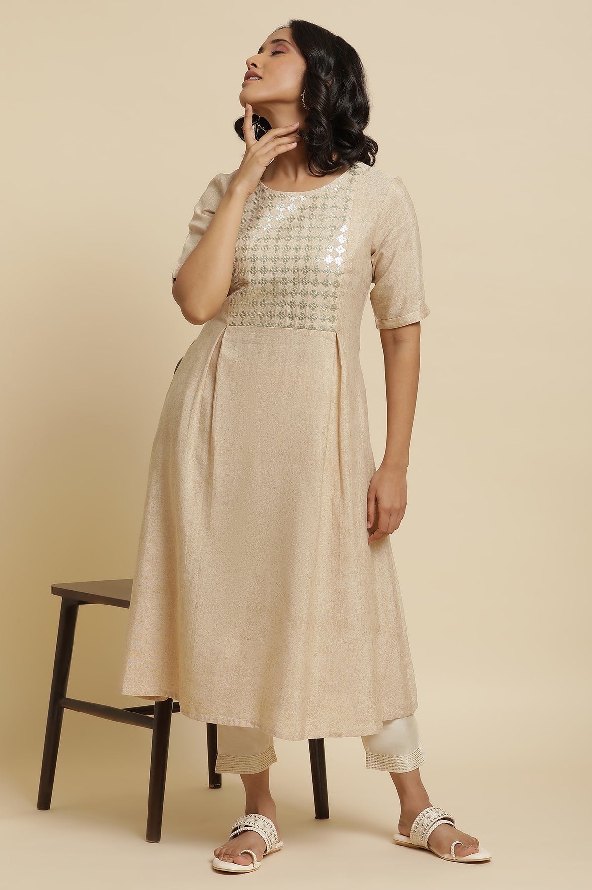 Almond Beige Sequin A-Line Kurta & Pants Set - XS