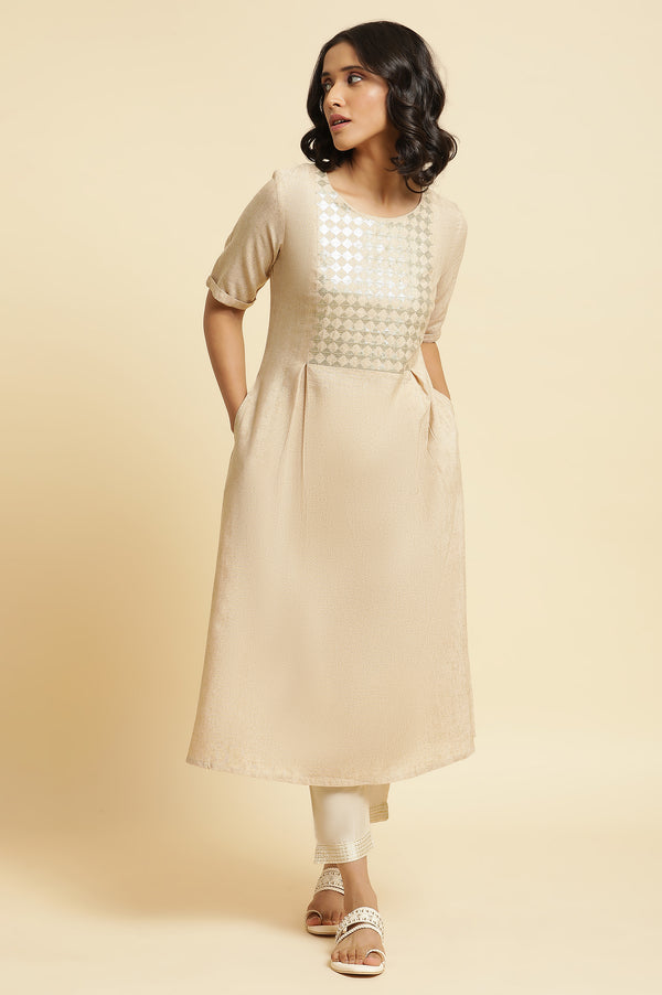 Almond Beige Sequin A-Line Kurta & Pants Set