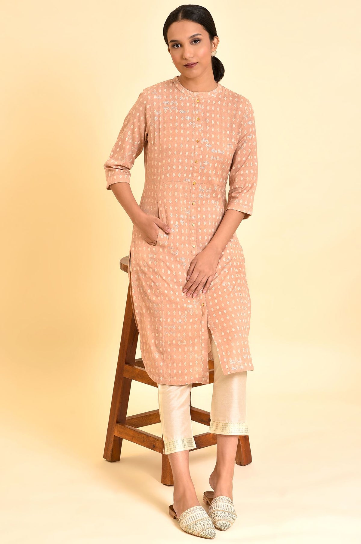 Rosedust Pink Printed Mandarin Collar Cotton Flax Kurta And Slim Pants Set - XS