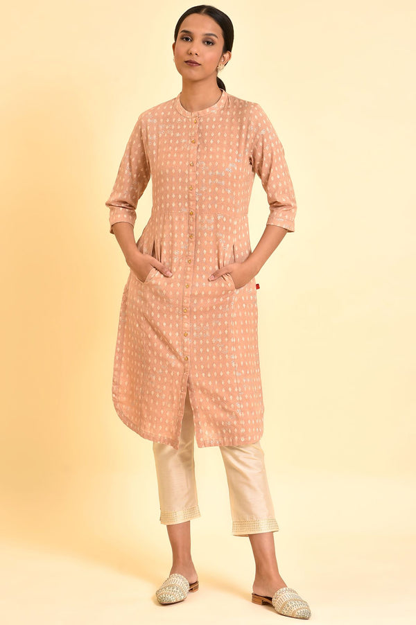 Rosedust Pink Printed Mandarin Collar Cotton Flax Kurta And Slim Pants Set
