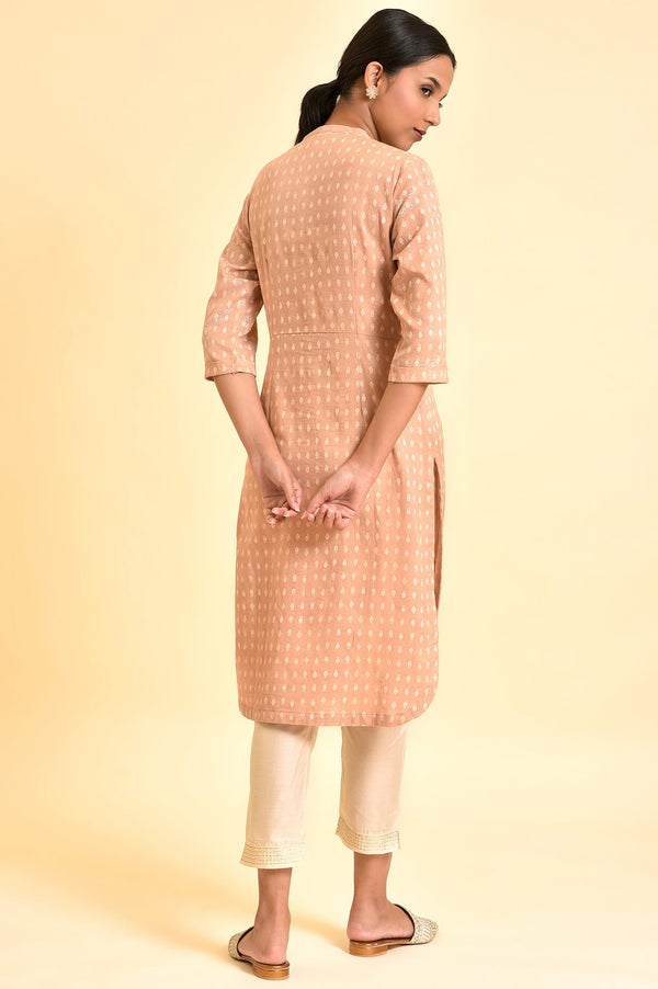 Rosedust Pink Printed Mandarin Collar Cotton Flax Kurta And Slim Pants Set