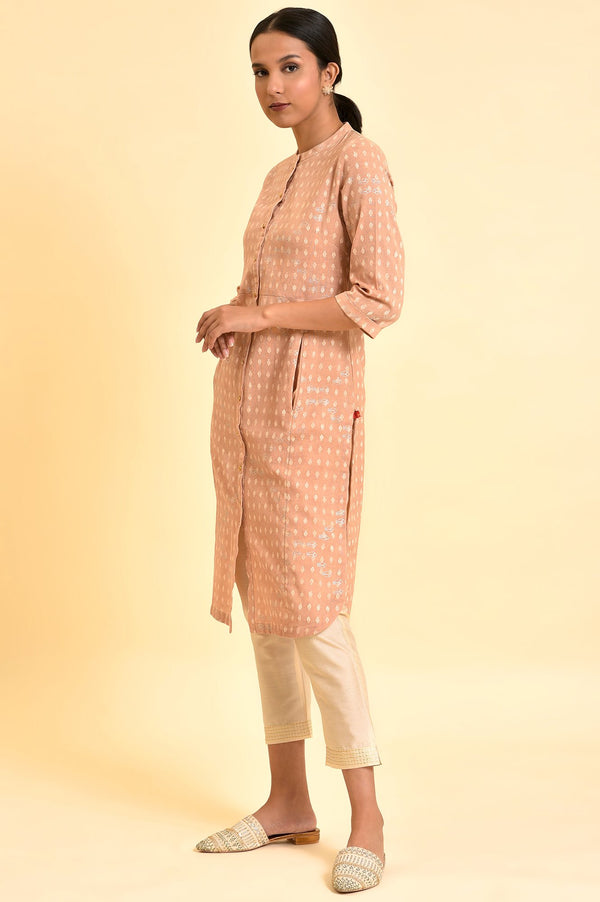 Rosedust Pink Printed Mandarin Collar Cotton Flax Kurta And Slim Pants Set