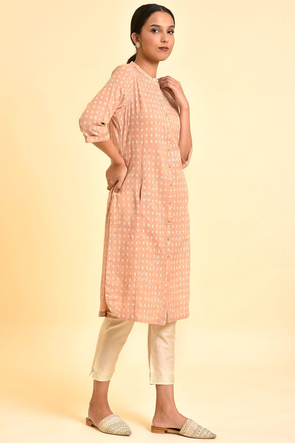 Rosedust Pink Printed Mandarin Collar Cotton Flax Kurta And Slim Pants Set