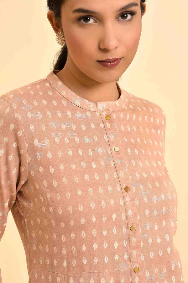Rosedust Pink Printed Mandarin Collar Cotton Flax Kurta And Slim Pants Set