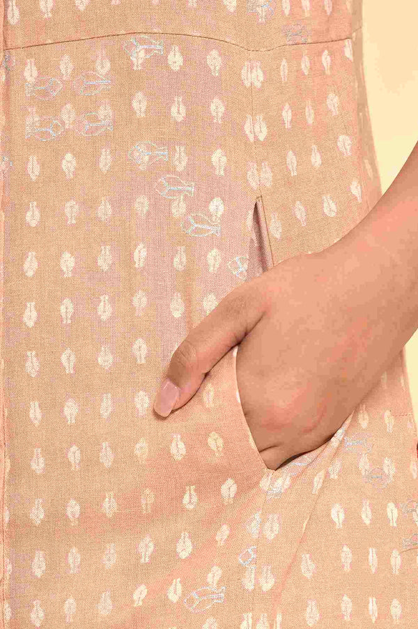 Rosedust Pink Printed Mandarin Collar Cotton Flax Kurta And Slim Pants Set