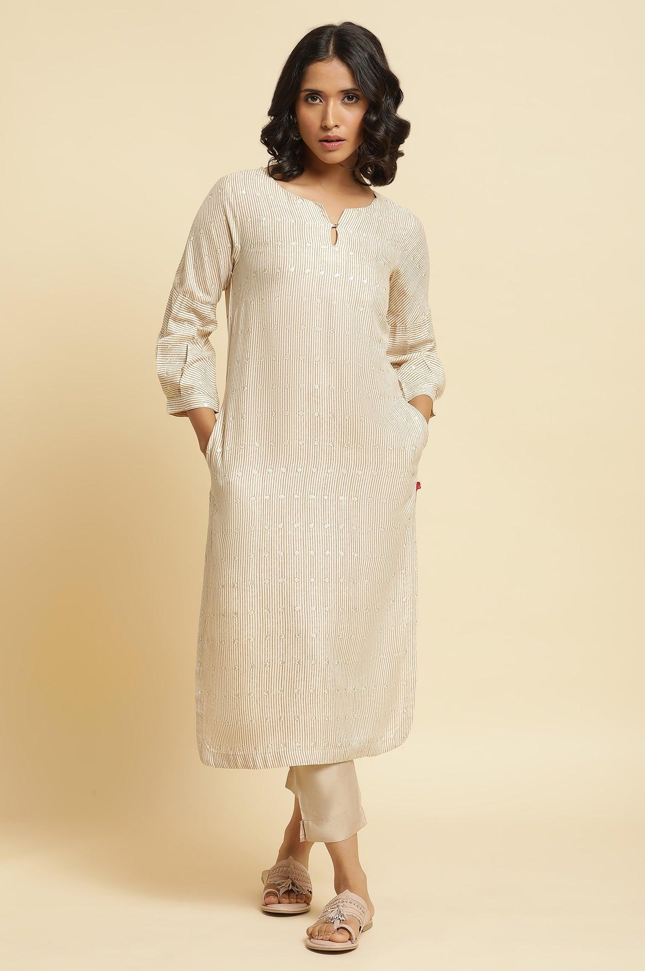 Beige Stripe Printed Kurta &amp; Pants Set - wforwoman