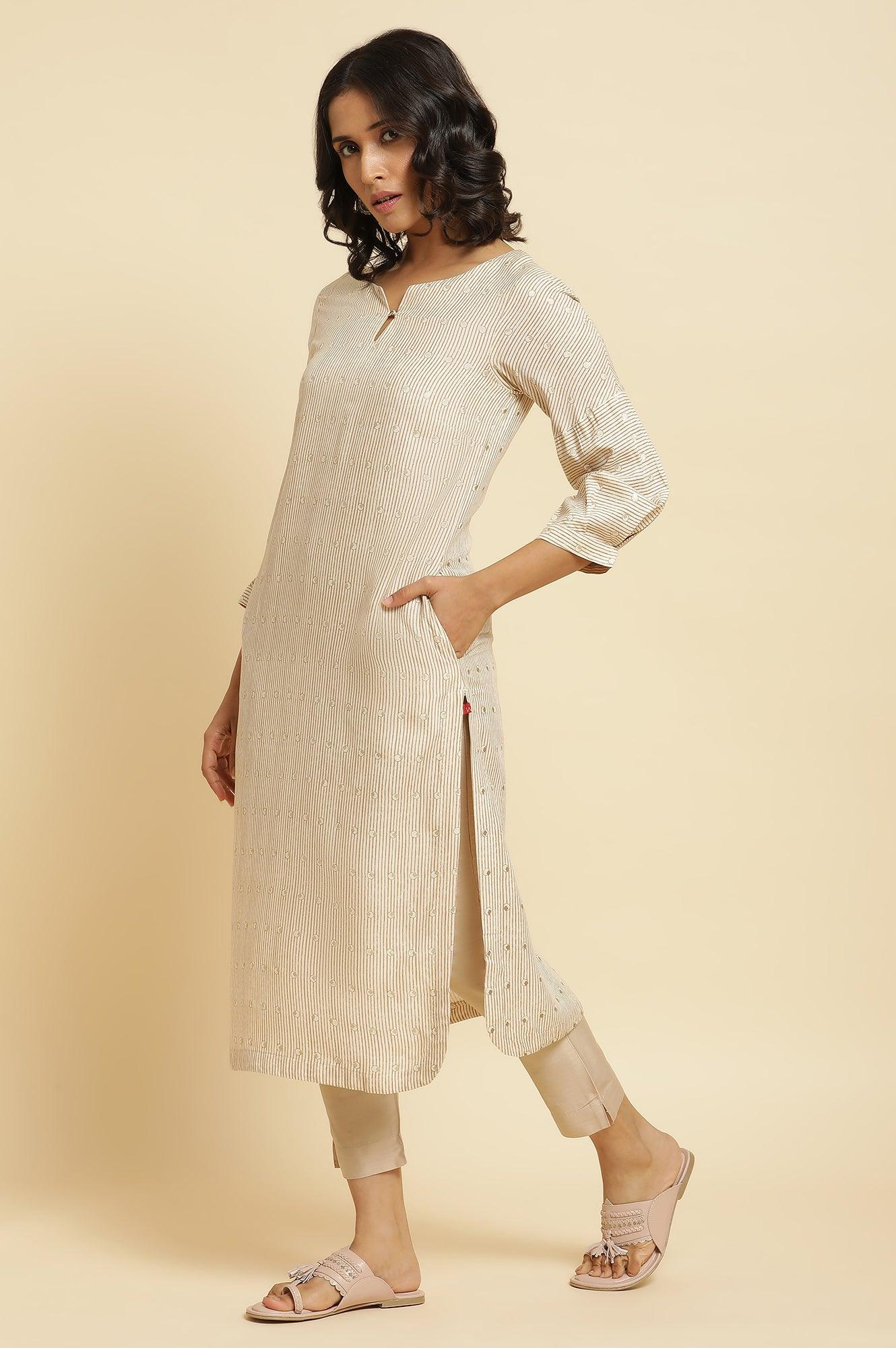 Beige Stripe Printed Kurta &amp; Pants Set - wforwoman