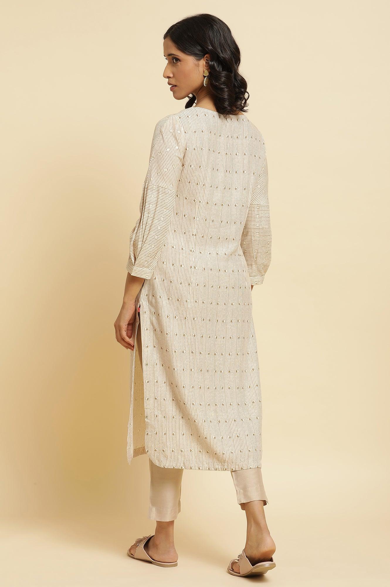 Beige Stripe Printed Kurta &amp; Pants Set - wforwoman