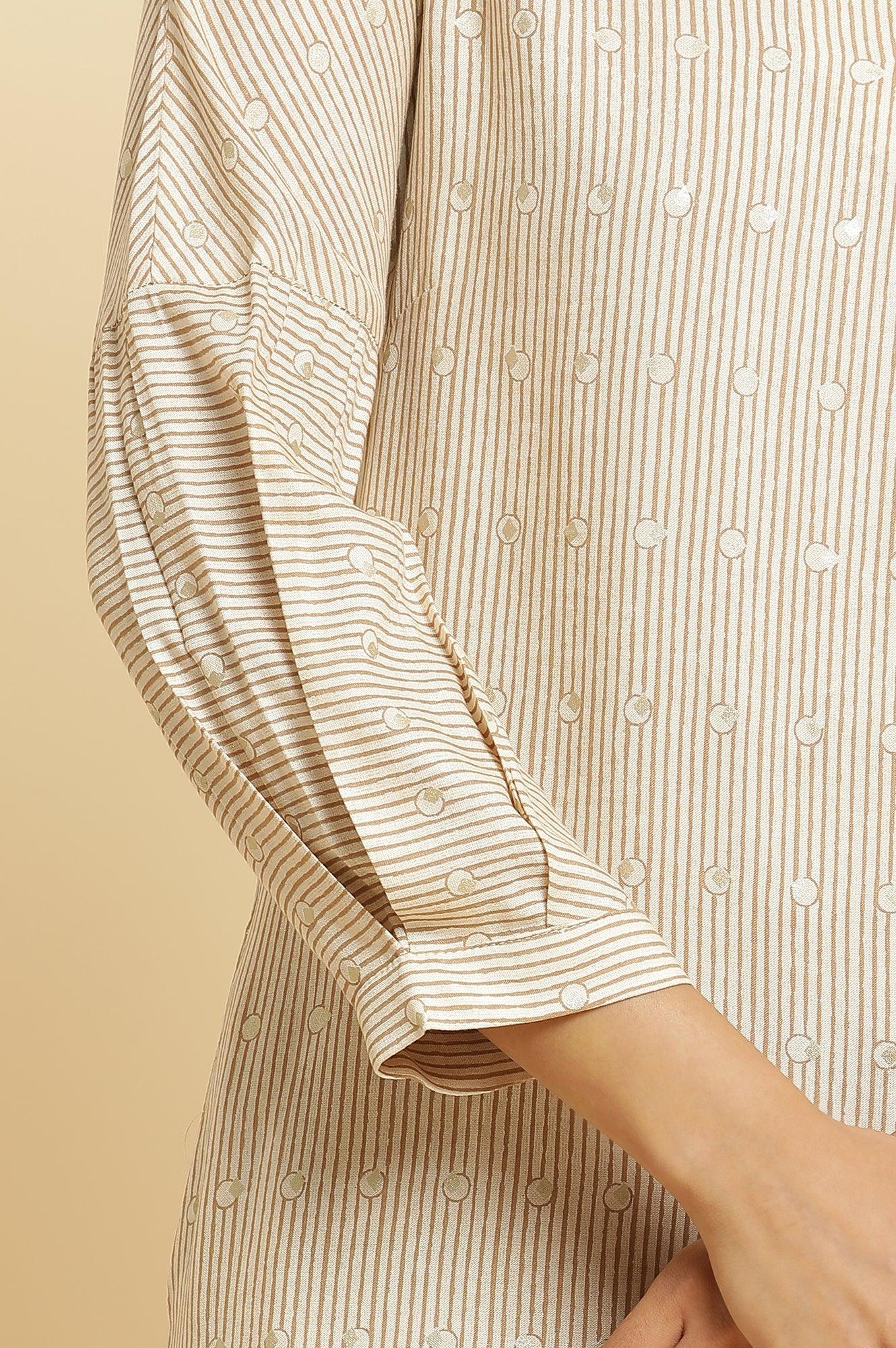 Beige Stripe Printed Kurta &amp; Pants Set - wforwoman