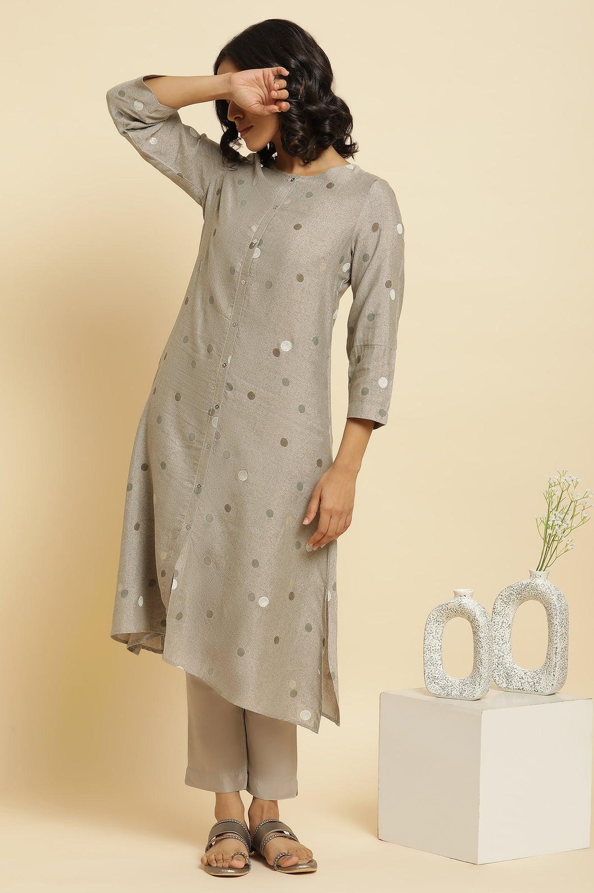 Smoke Grey A-Line Printed Kurta & Pants Set - XS