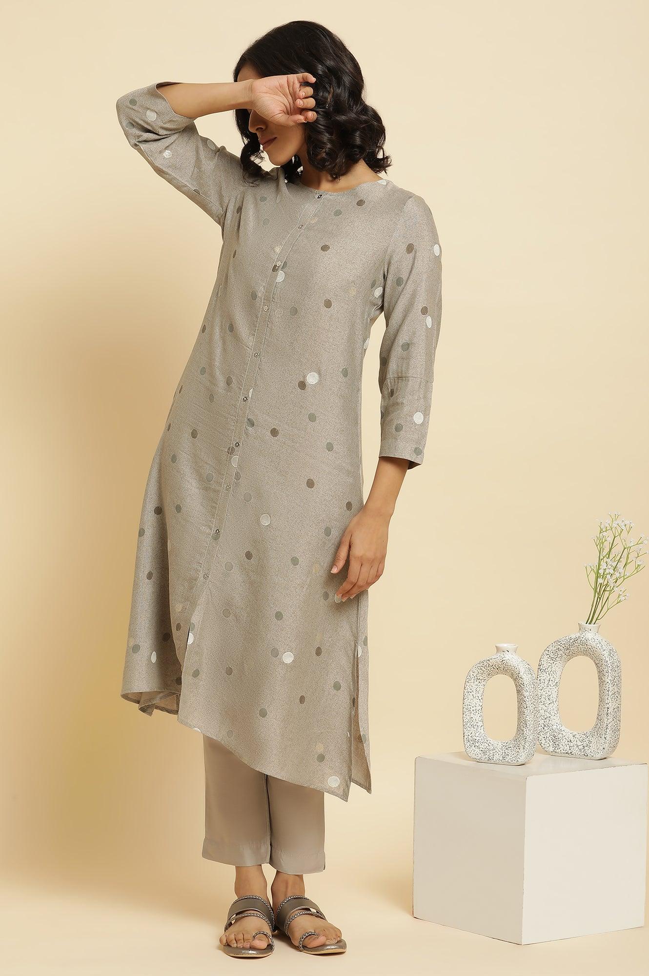 Smoke Grey A-Line Printed Kurta &amp; Pants Set - wforwoman