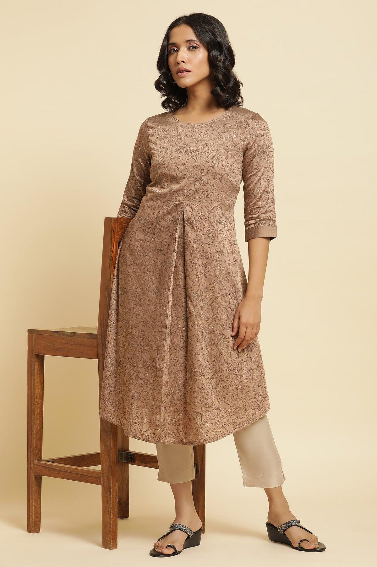 Brown A-Line Printed Kurta & Slim Pants Set - XS