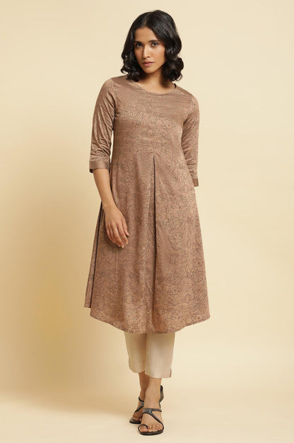 Brown A-Line Printed Kurta &amp; Slim Pants Set - wforwoman