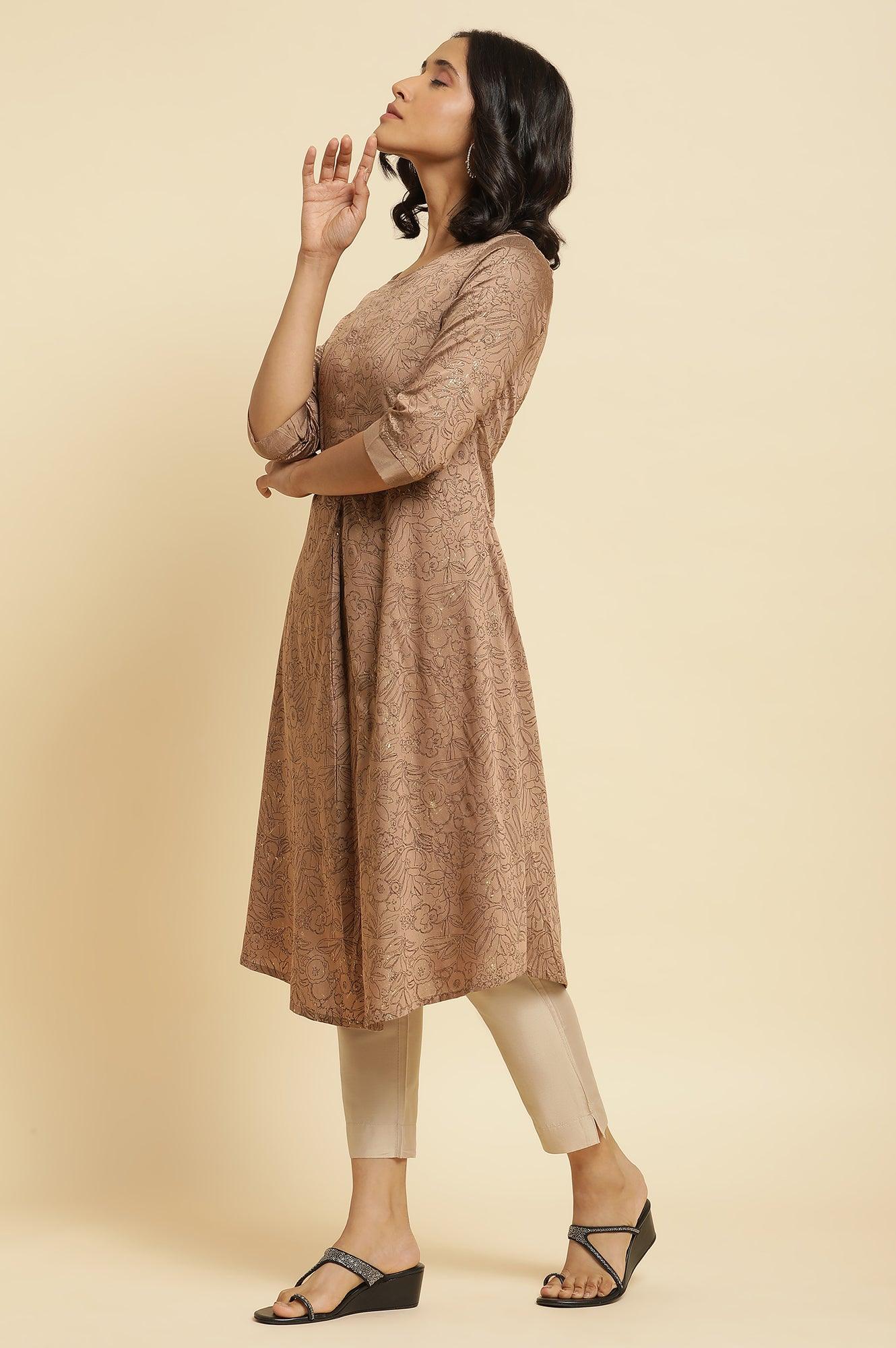 Brown A-Line Printed Kurta &amp; Slim Pants Set - wforwoman