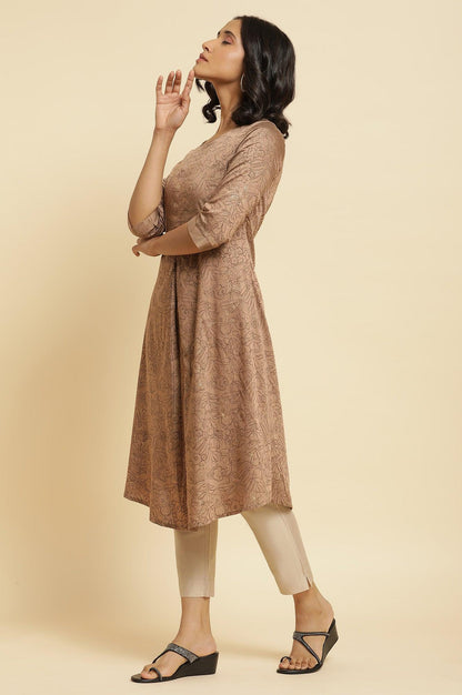 Brown A-Line Printed Kurta &amp; Slim Pants Set - wforwoman