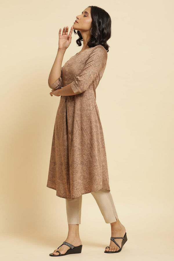 Brown A-Line Printed Kurta & Slim Pants Set