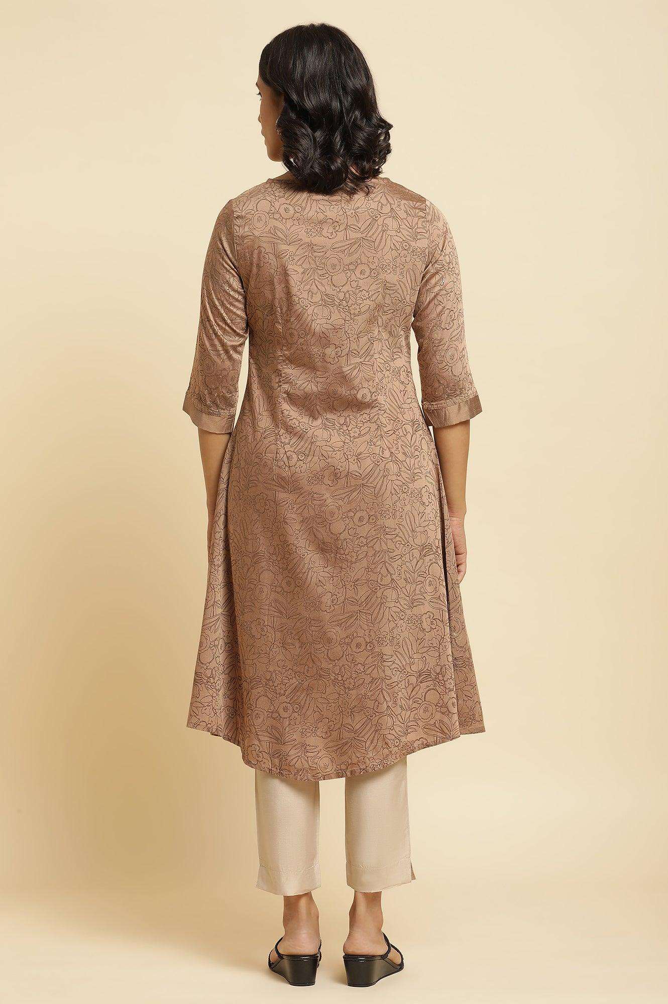 Brown A-Line Printed Kurta &amp; Slim Pants Set - wforwoman