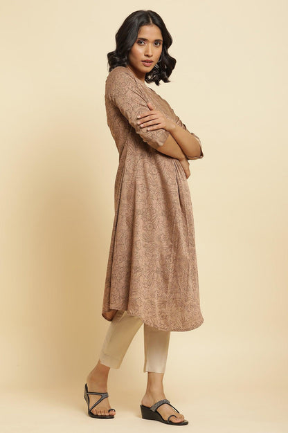 Brown A-Line Printed Kurta &amp; Slim Pants Set - wforwoman
