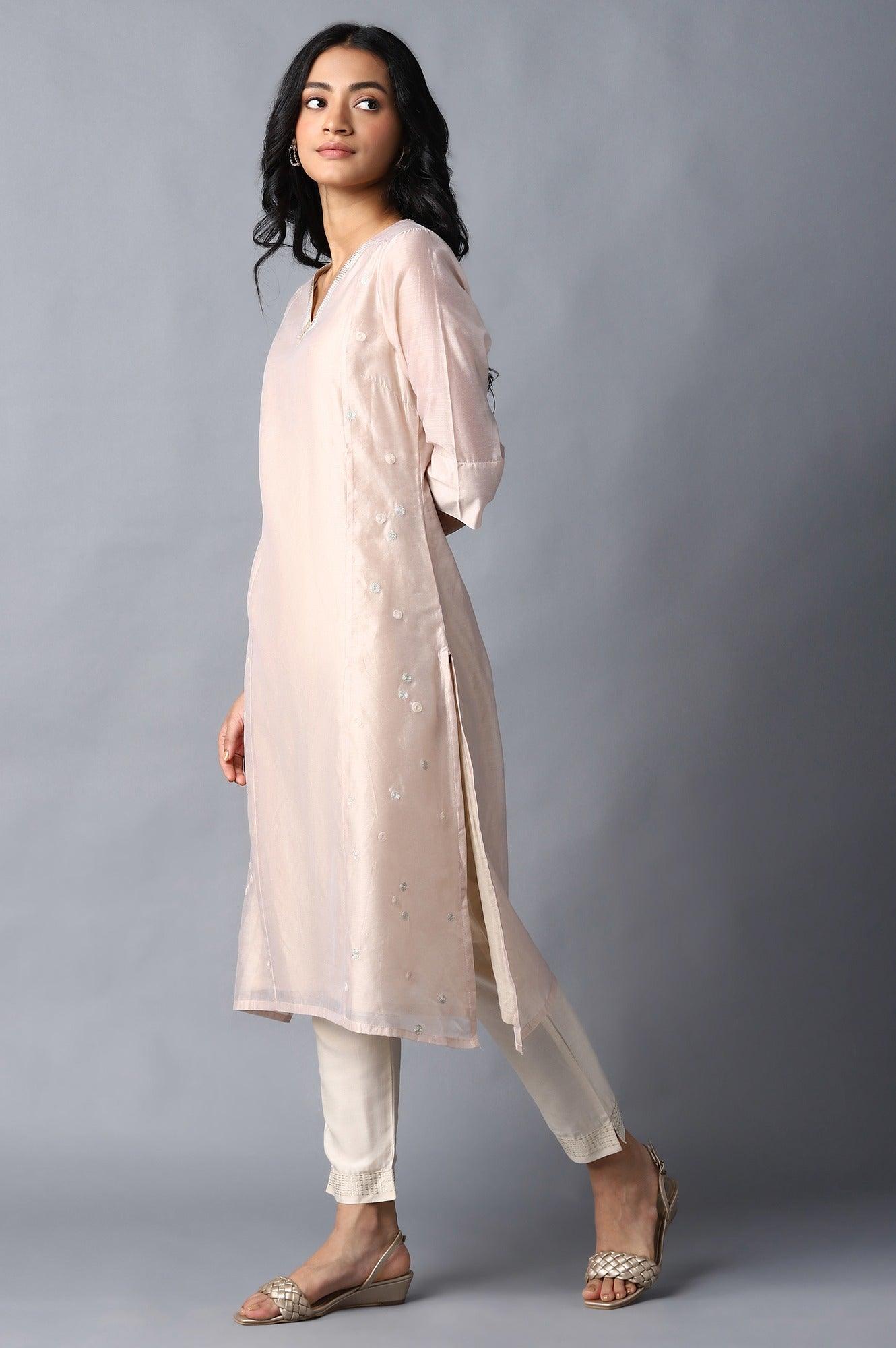 Blush Pink Embroidered kurta &amp; Pants Set - wforwoman