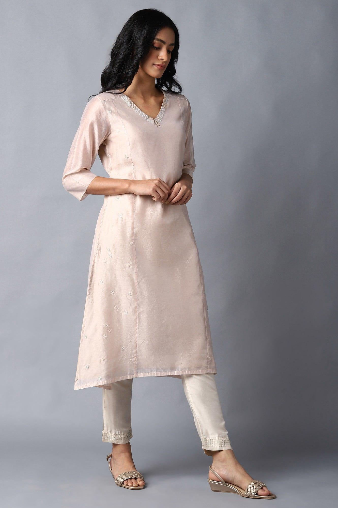 Blush Pink Embroidered kurta &amp; Pants Set - wforwoman