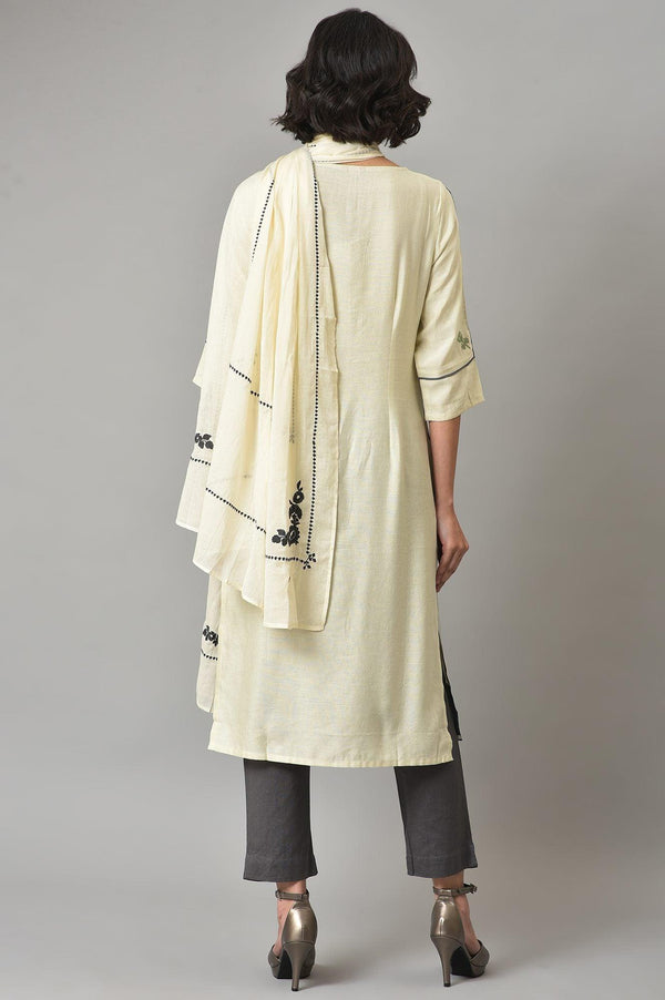 Ecru Printed kurta With Grey Slim Pants And Embroidered Dupatta