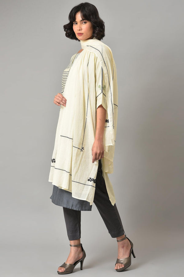 Ecru Printed kurta With Grey Slim Pants And Embroidered Dupatta
