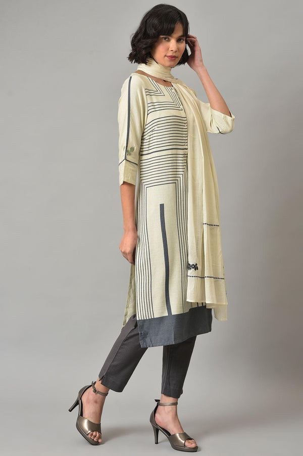 Ecru Printed kurta With Grey Slim Pants And Embroidered Dupatta
