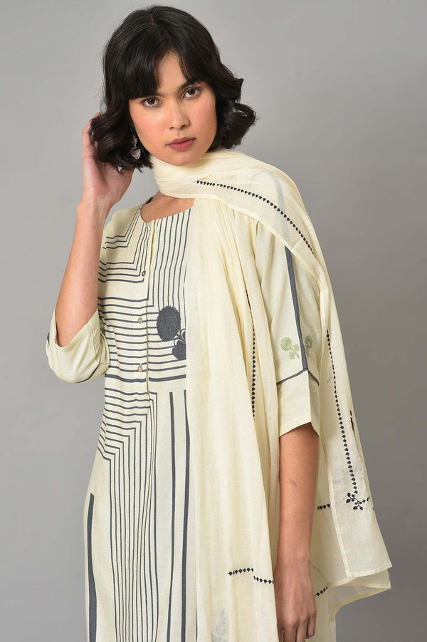 Ecru Printed kurta With Grey Slim Pants And Embroidered Dupatta