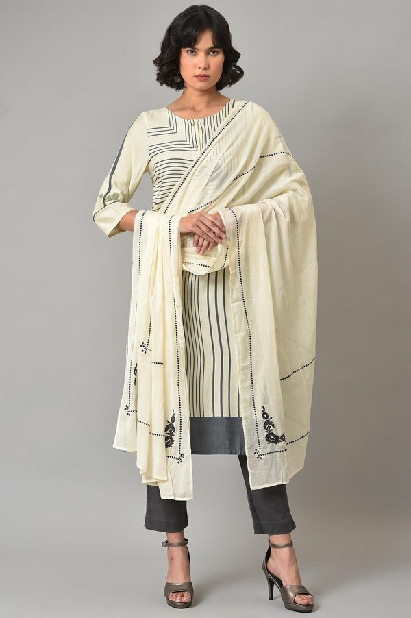 Ecru Printed kurta With Grey Slim Pants And Embroidered Dupatta
