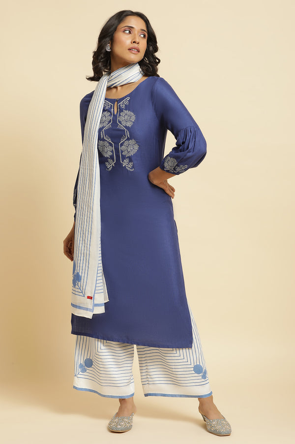 Blue Embroidered Kurta, Parallel Pants & Dupatta Set