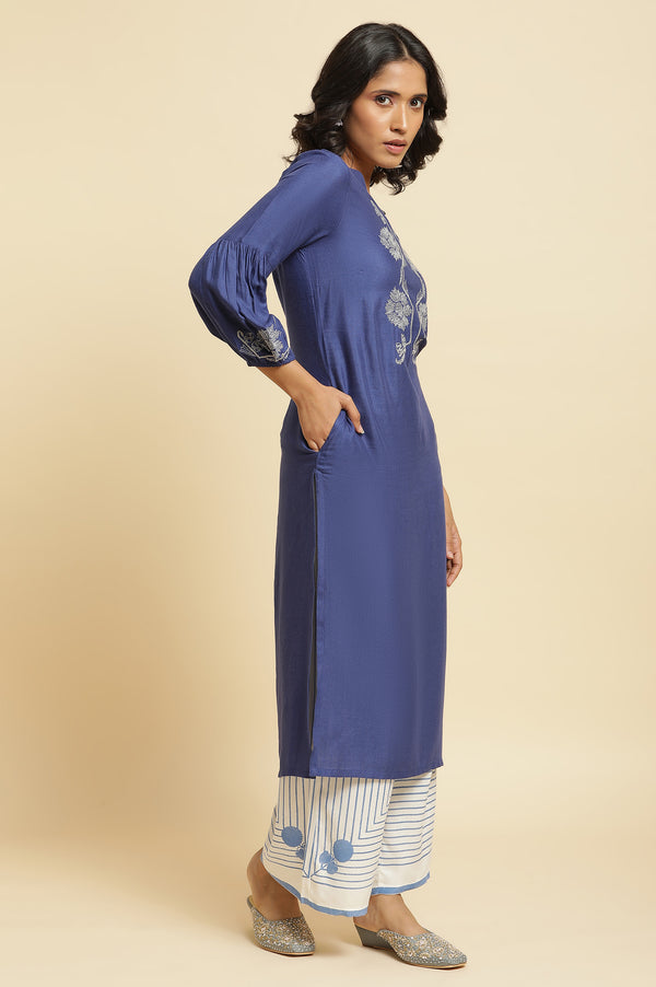 Blue Embroidered Kurta, Parallel Pants & Dupatta Set