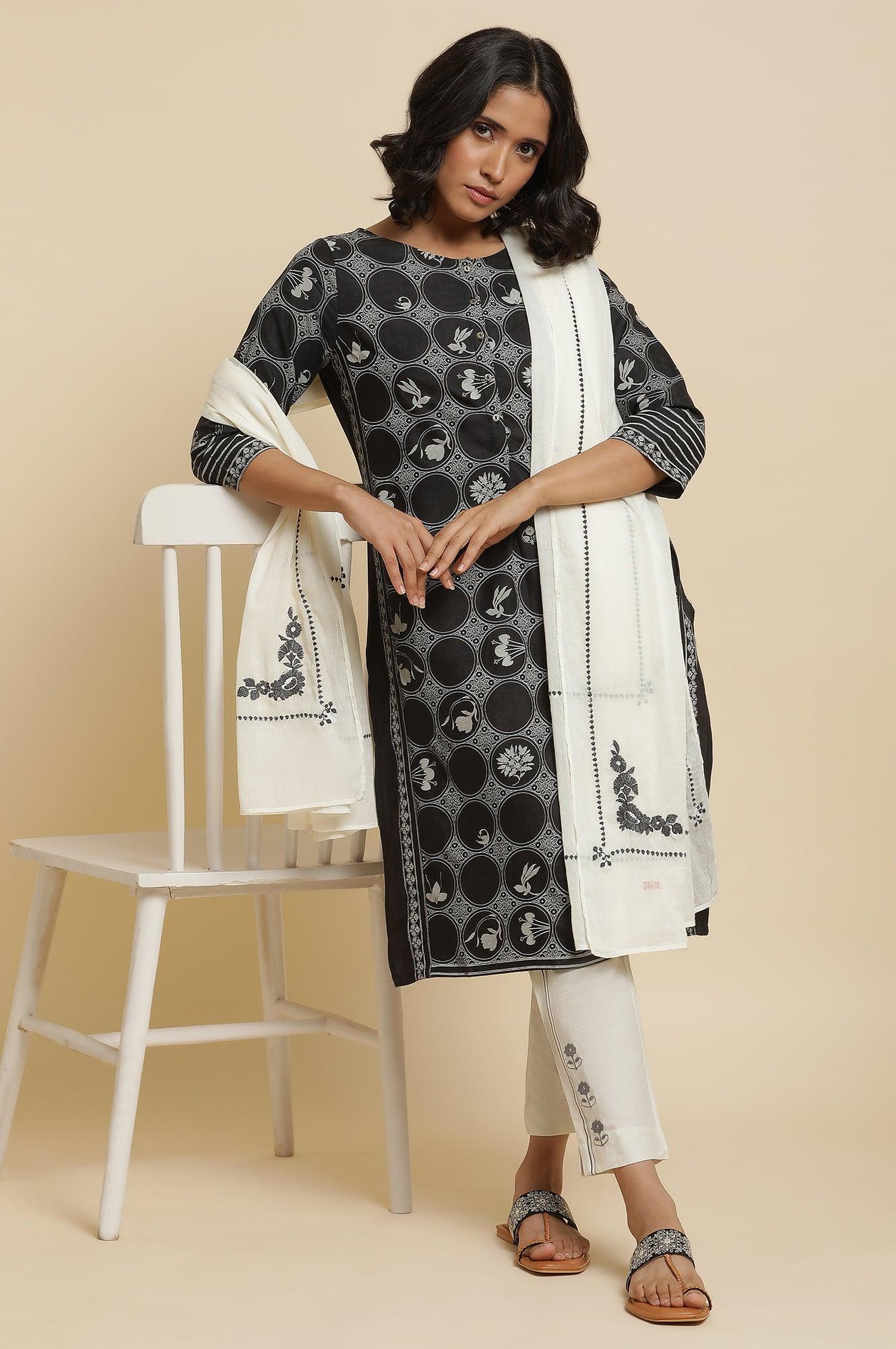 Black Printed Kurta, Ecru Pants &amp; Dupatta - wforwoman
