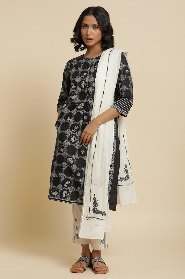 Black Printed Kurta, Ecru Pants & Dupatta
