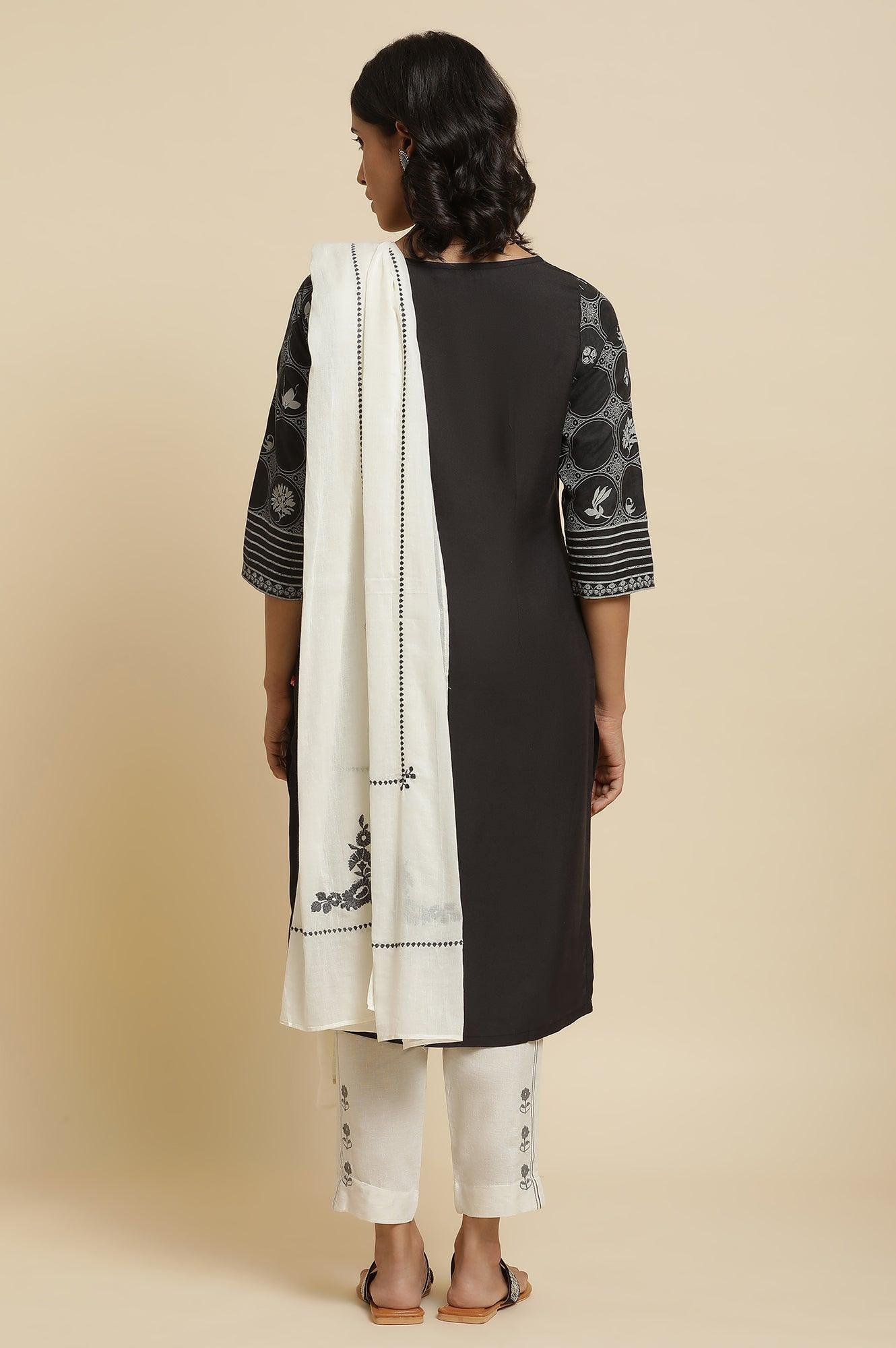 Black Printed Kurta, Ecru Pants &amp; Dupatta - wforwoman
