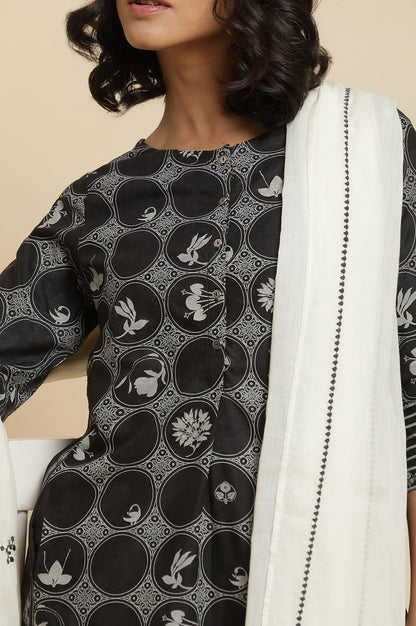 Black Printed Kurta, Ecru Pants &amp; Dupatta - wforwoman