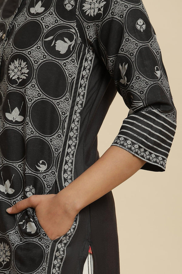 Black Printed Kurta, Ecru Pants & Dupatta
