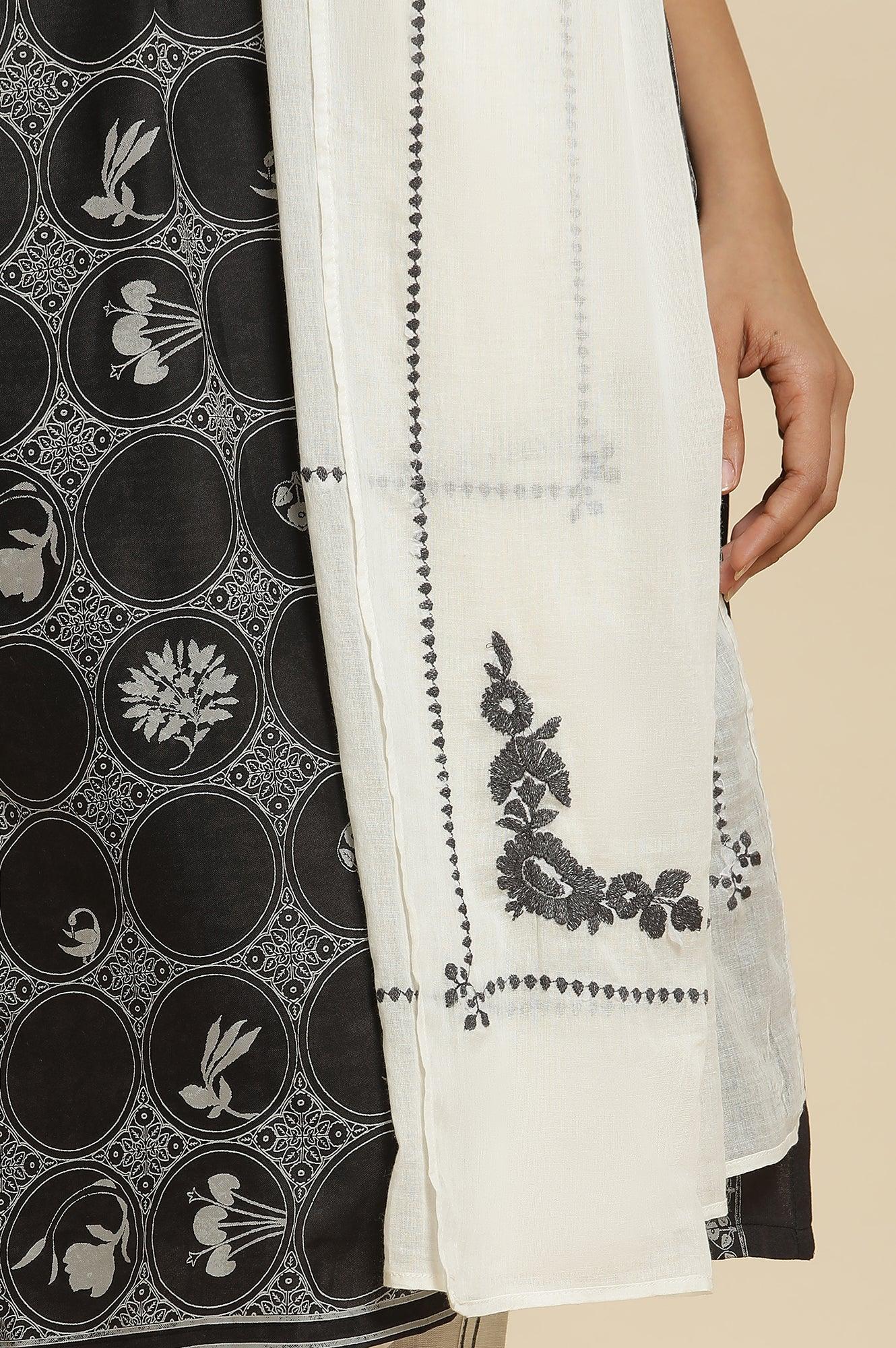 Black Printed Kurta, Ecru Pants &amp; Dupatta - wforwoman