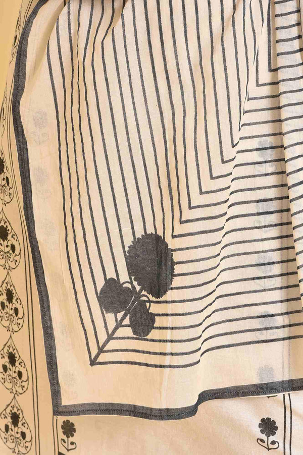 Ecru Printed Cotton Flax Kurta, Pants And Dupatta Set