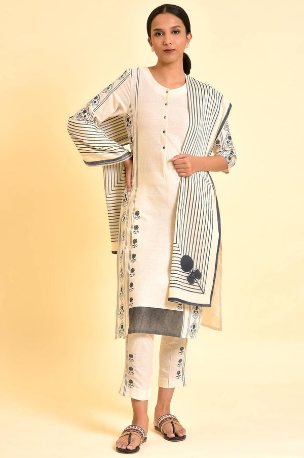 Ecru Printed Cotton Flax Kurta, Pants And Dupatta Set