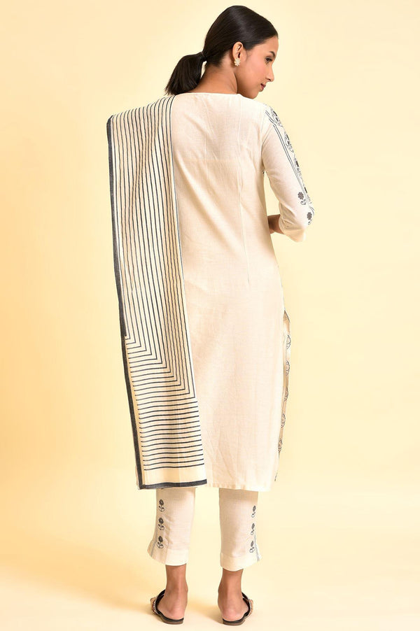 Ecru Printed Cotton Flax Kurta, Pants And Dupatta Set