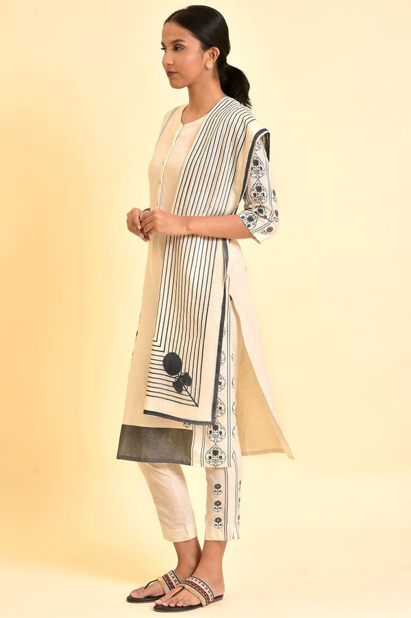 Ecru Printed Cotton Flax Kurta, Pants And Dupatta Set