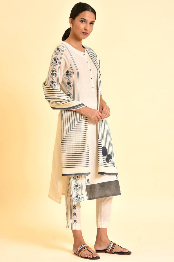 Ecru Printed Cotton Flax Kurta, Pants And Dupatta Set