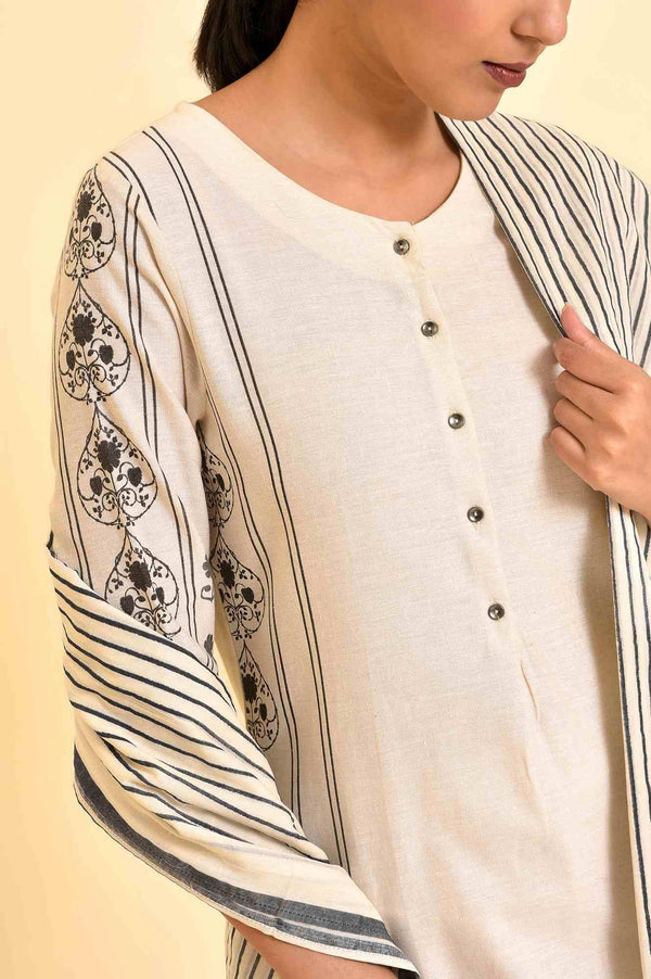 Ecru Printed Cotton Flax Kurta, Pants And Dupatta Set