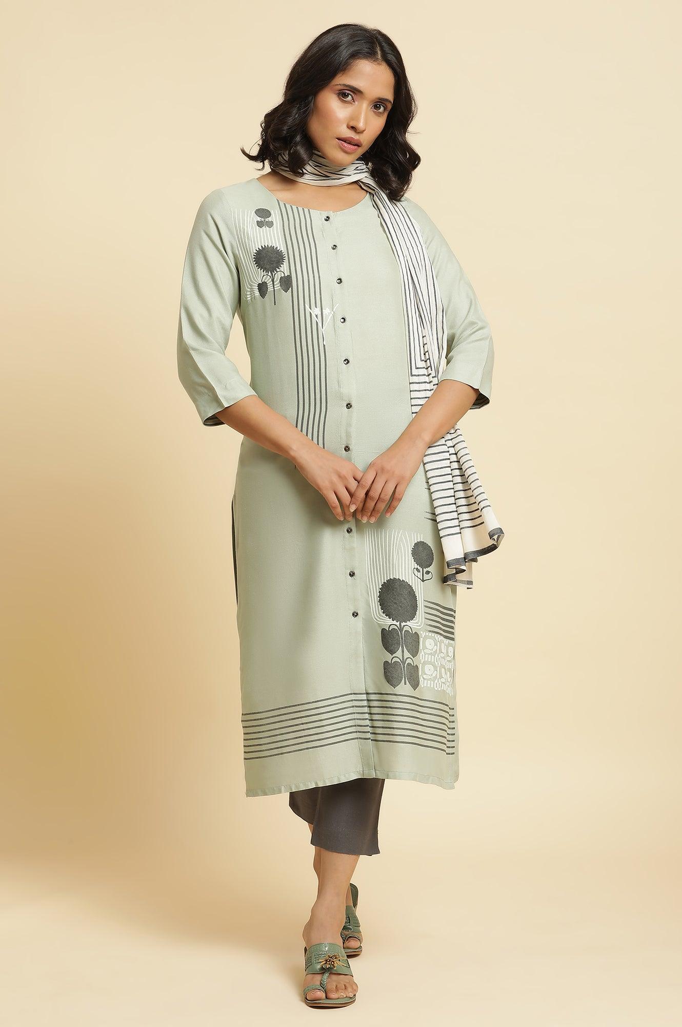 Sage Green Printed Kurta, Pants &amp; Dupatta - wforwoman
