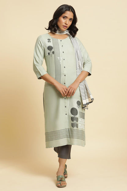 Sage Green Printed Kurta, Pants &amp; Dupatta - wforwoman