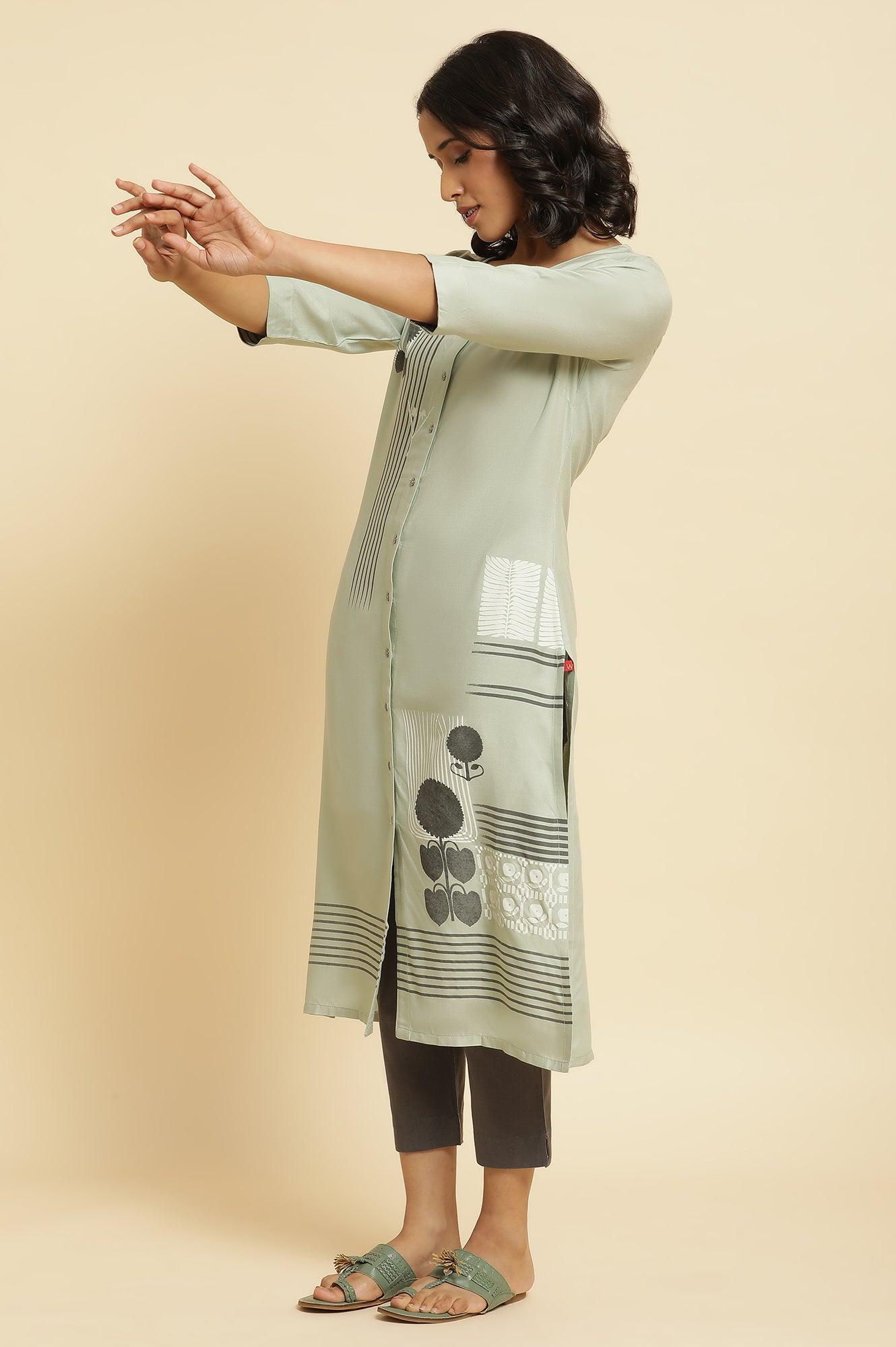 Sage Green Printed Kurta, Pants &amp; Dupatta - wforwoman