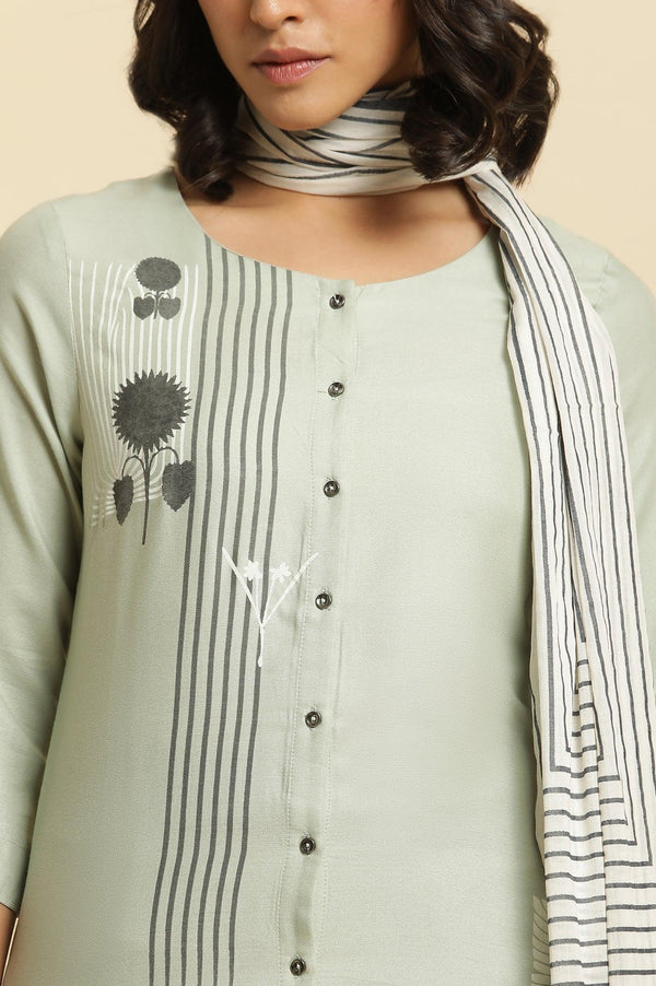 Sage Green Printed Kurta, Pants & Dupatta